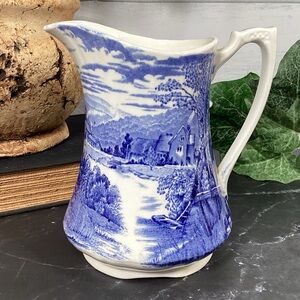 Vintage Alfred Meakin 5.25” Tintern Blue & White Pitcher Staffordshire England